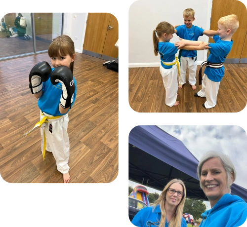 Two pictures of children performing martial arts and one picture of instructors